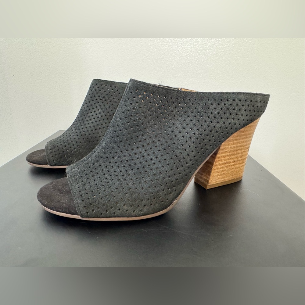 Franco Sarto | Size 7.5 Black Laser Cut Suede Firefly Peep-Toe Mule Block Heels